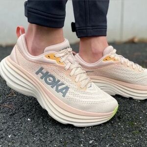 Hoka One One Bondi 8 Light Pink/Cream Athletic Shoes Women's Size 9.5 B